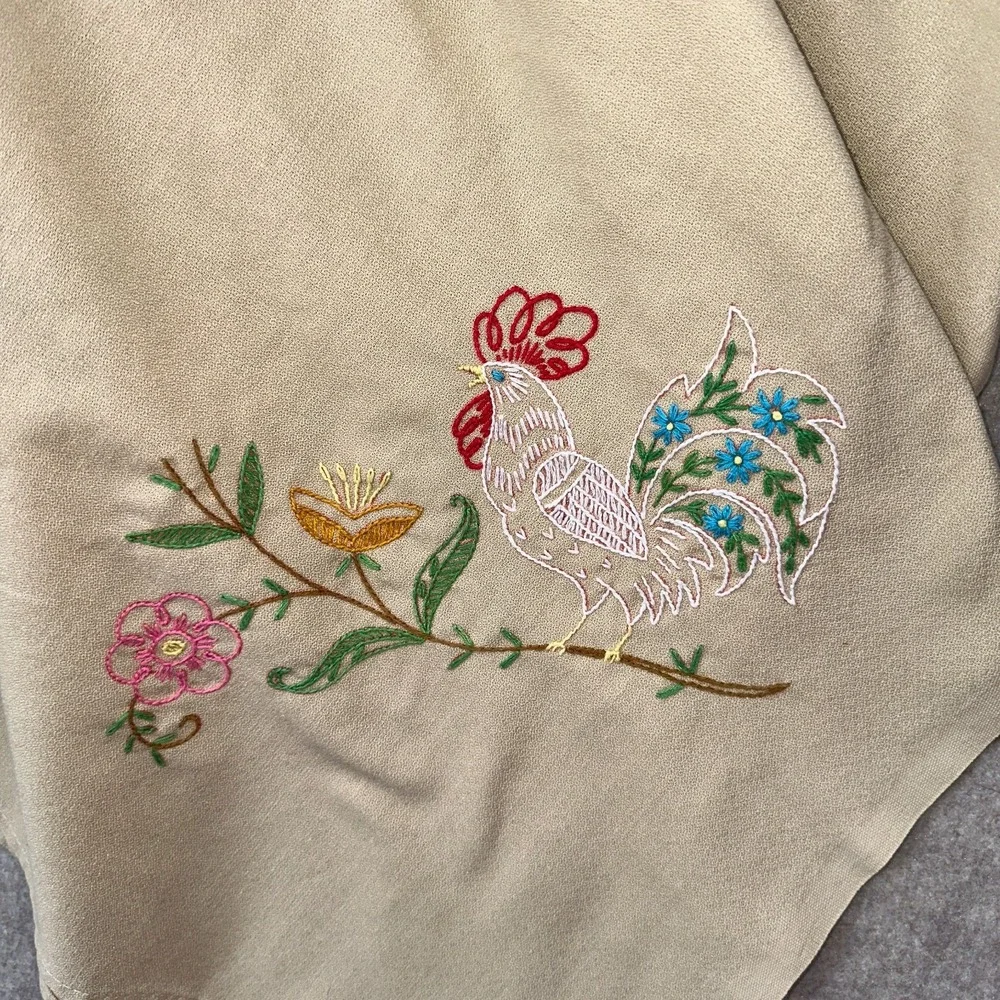 Vintage Hand Cross-Stitched Square Tablecloth W/ Roosters at Each Corner 51